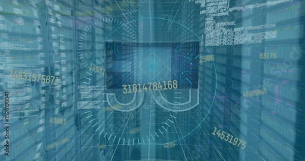 Obraz Image of 5g text, statistics and data processing over computer servers in background