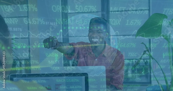 Fototapeta Image of financial data processing over smiling african american businessman