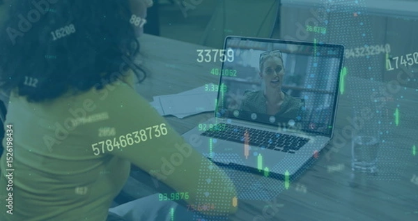 Fototapeta Image of financial data processing over caucasian businesswoman on image call