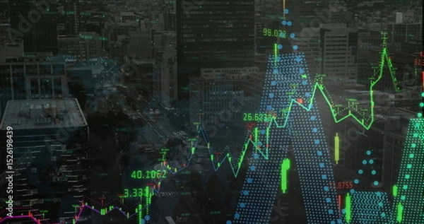 Fototapeta Image of data processing over cityscape