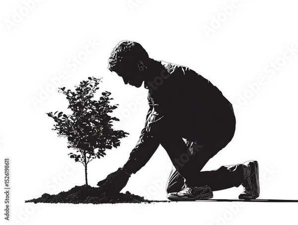 Fototapeta Silhouette of a man planting a tree seedling into the ground to help with reforestation and conservation.