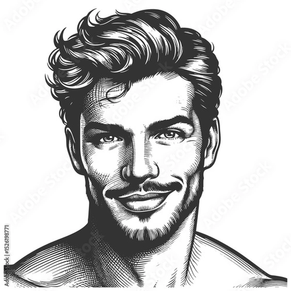 Fototapeta smiling man with styled hair, symbolizing charm, confidence, and classic masculinity sketch engraving generative ai fictional character raster illustration. Scratch board. Black and white image.