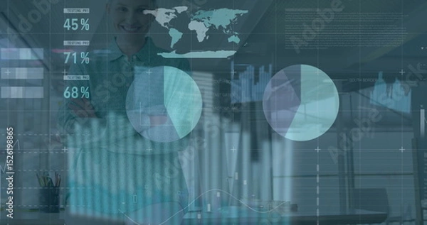 Fototapeta Image of data processing over caucasian businesswoman