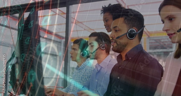 Obraz Image of data processing over team of diverse customer care executives working at office