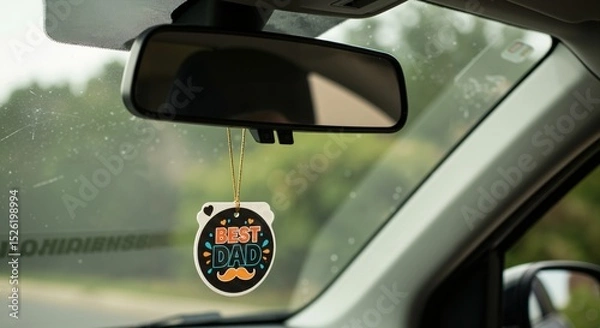 Fototapeta Close-up of BEST DAD air freshener hanging on a car's rearview mirror. Sentimental Father's Day gift inside a vehicle.