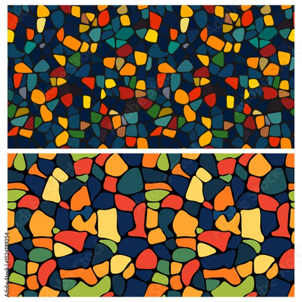 Obraz Abstract mosaic, a seamless design. A vector background. Perfect for creating a backdrop. Ceramic tile fragments. Colorful broken tiles, a mosaic of yellow, blue, and red.