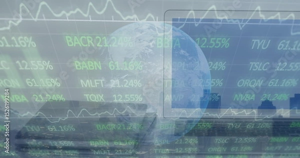 Fototapeta Displaying transparent globe overlaying waterfront skyline at dusk with ticker symbols and graphs