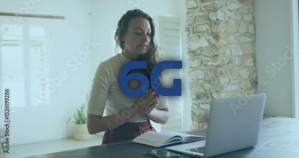 Obraz Image of 6g text over caucasian businesswoman having image call