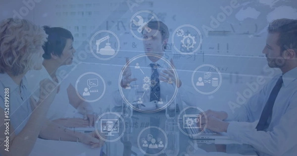 Fototapeta Image of infographic interface over caucasian coworkers discussing in meeting in boardroom
