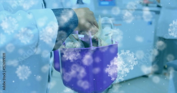 Obraz Image of virus cells over caucasian doctor in lab