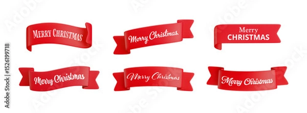 Fototapeta Vector cartoon 3d Merry Christmas red ribbon set. Realistic 3d decorative design element collection with text for holiday design, new year greeting card, decor, Xmas sticker, banner.