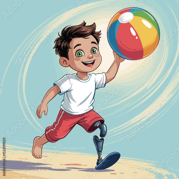 Fototapeta Happy cartoon boy with prosthetic leg playing with beach ball on sunny seaside with seashells
