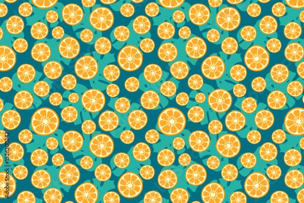 Fototapeta Vector oranges and palm leaves pattern background. Tropical fruit exotic summer print. Hand drawn orange circle slices and monstera leaf. Citrus texture for wrapping, textile, fabric, wallpaper, cover