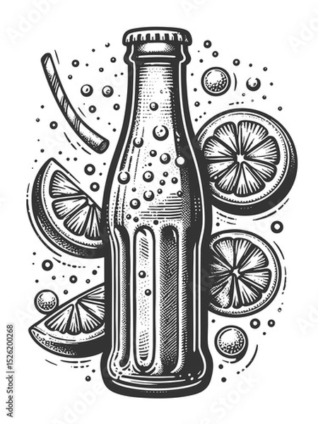 Fototapeta soda bottle surrounded by lemon slices and fizzy bubbles, evoking refreshing summer drink vibes sketch engraving generative ai raster illustration. Scratch board imitation. Black and white image.