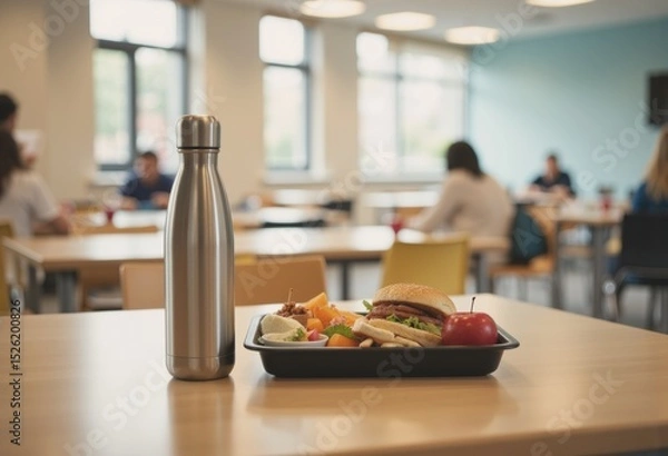Obraz Lunch tray with a sandwich, fruit, and a water bottle on a cafeteria table