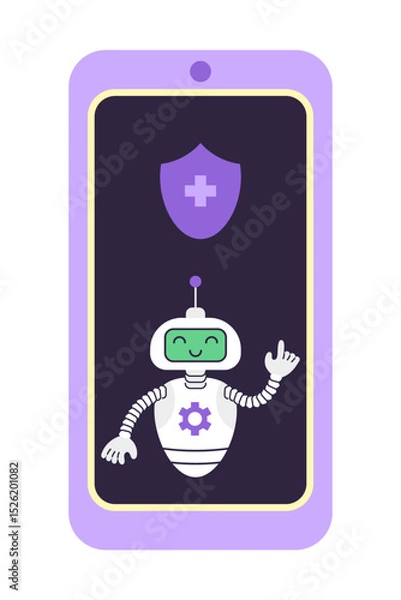 Fototapeta Robot and shield with cross on the smartphone screen. Concept of digital security and technical support. Isolated vector illustration.