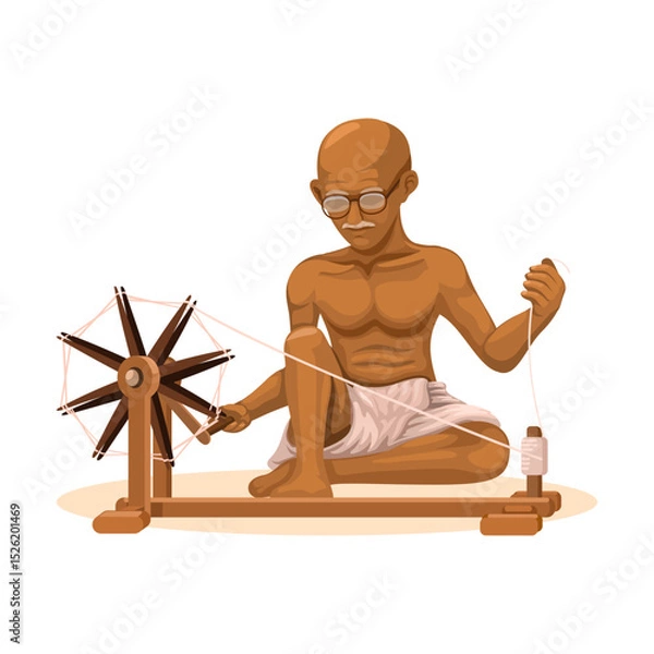 Fototapeta Mahatma Gandhi Making Fabric Historic Scene Illustration Vector