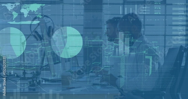 Fototapeta Image of financial data processing over business people walking in office