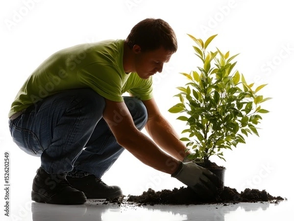 Fototapeta A young man in jeans and a green shirt squats to plant a small tree in the ground against white backdrop.