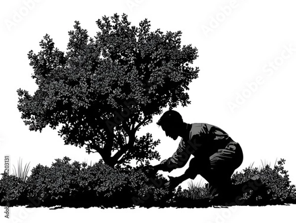 Fototapeta A gardener kneels tending to the bushes and greenery around a healthy tree in monochrome illustration.