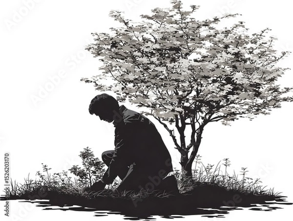 Fototapeta Silhouette of a man crouching near a small tree surrounded by grass in a peaceful outdoor setting.