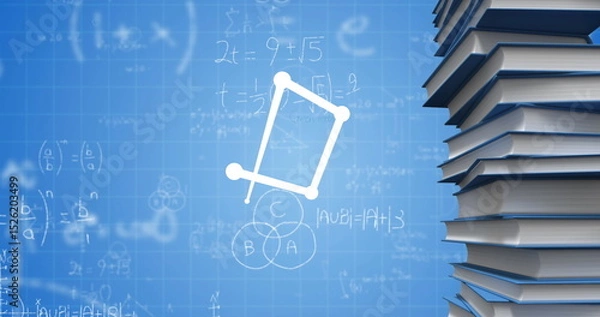 Obraz Showing stack of hardcover books on right edge, with algebra equations and Venn diagram, copy space