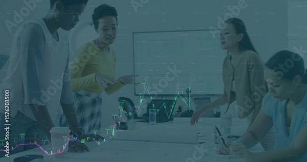 Fototapeta Image of graphs over diverse businesspeople in office