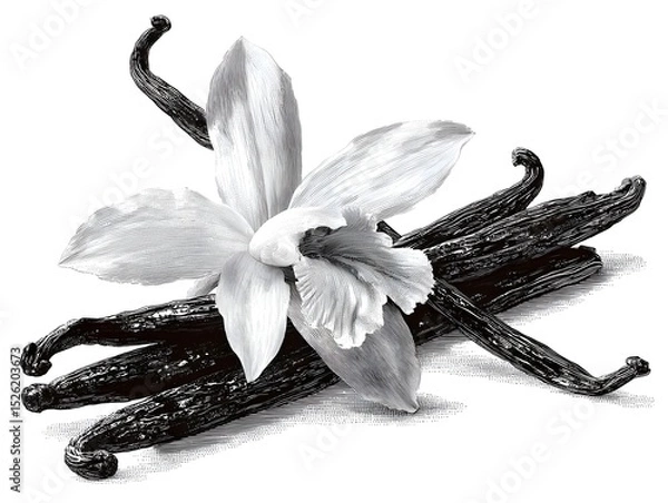 Fototapeta A monochrome illustration depicts vanilla flower and pods on white background in vintage etching style.