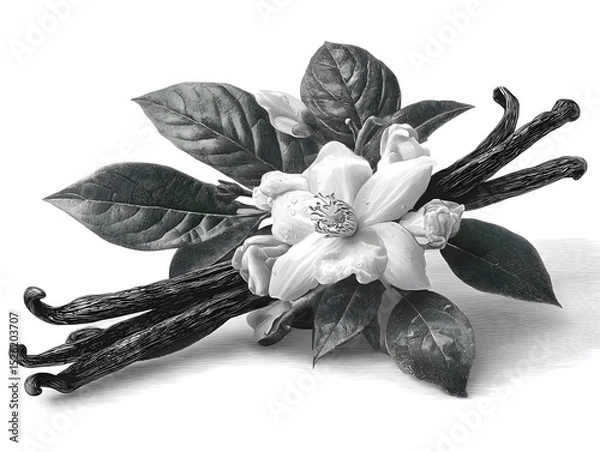 Fototapeta Artistic rende of vanilla beans and flowers with leaves in grayscale tones on a white background.