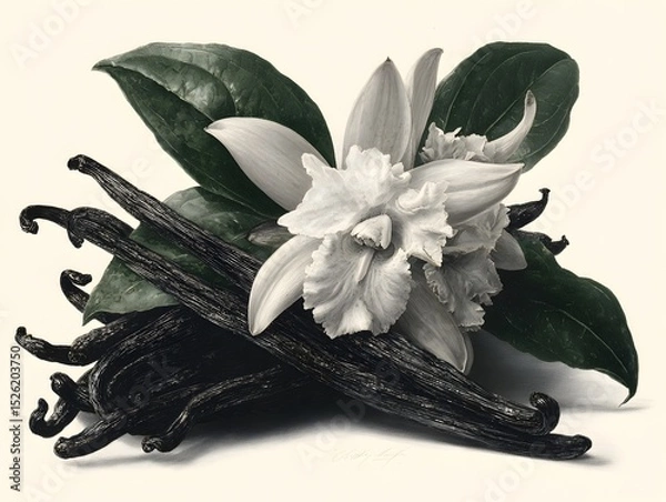 Fototapeta Vanilla beans and aromatic flower arrangement with leaves creates an organic and inviting presentation.