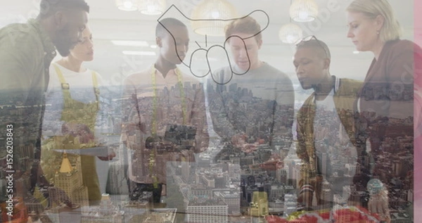 Obraz Image of hand icon over diverse businesspeople in office and cityscape