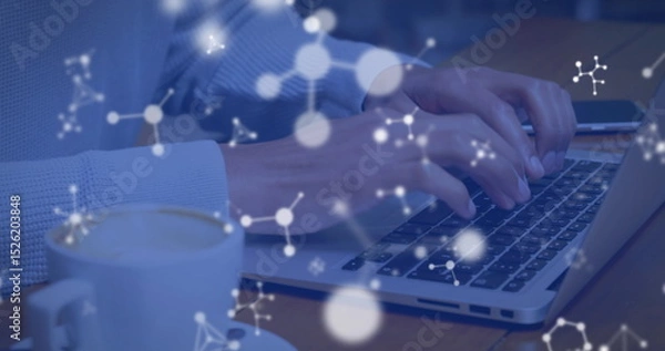 Fototapeta Image of molecules over caucasian man using laptop