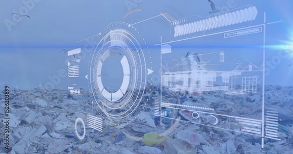 Obraz Image of digital scanner with interface and birds flying over junkyard against clear sky