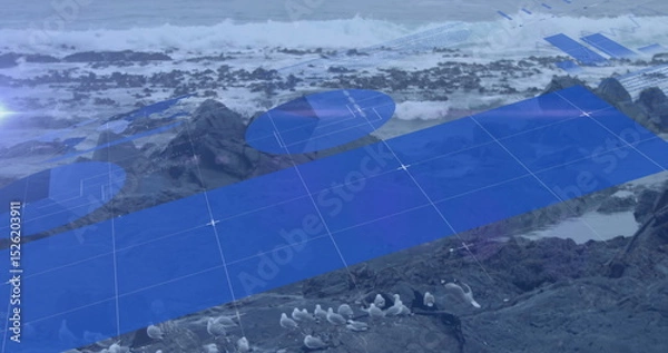 Fototapeta Image of blue graphs and charts moving over birds and waves splashing on rocky beach