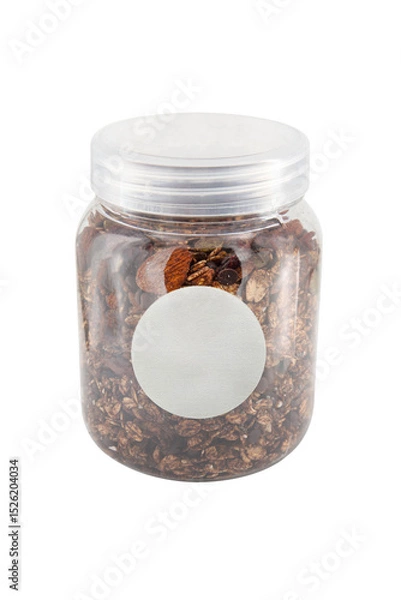 Fototapeta Granola in a glass jar isolated on a white background