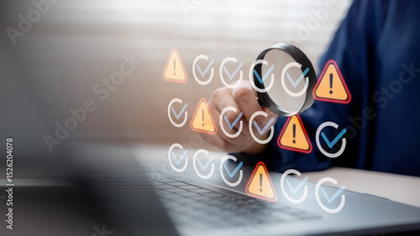 Obraz Hand using magnifying glass to inspect warning and check icons on laptop screen, representing system monitoring, debugging, error detection, and cybersecurity analysis.