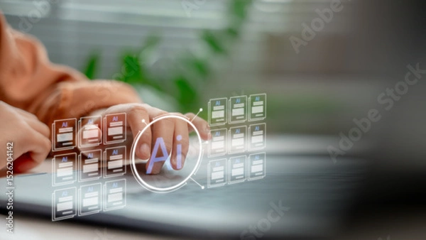 Obraz Hand uses an AI-powered system on the laptop to generate digital documents automatically, representing artificial intelligence, automation, smart content creation, and modern business tools.