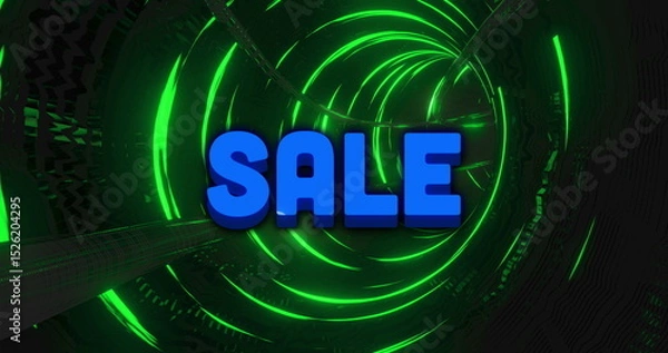 Obraz Image of multicolored abstract pattern and blue sale text moving in green illuminated tunnel