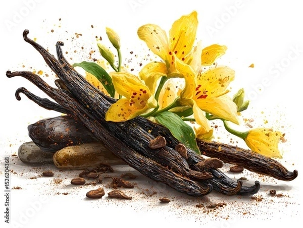 Fototapeta Aromatic vanilla beans are adorned with vibrant yellow flowers and scattered coffee beans on a white backdrop.