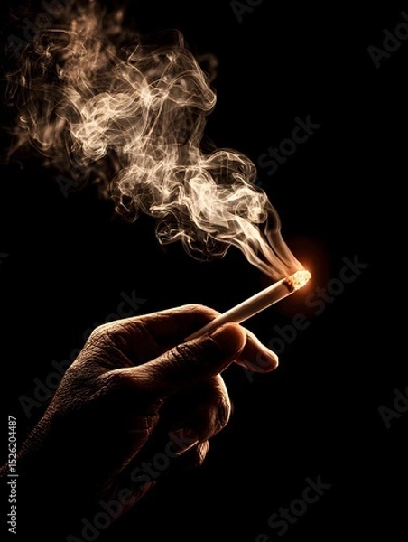 Fototapeta Close up of a hand holding a burning cigarette with rising smoke on a dark and contrasting background scene.