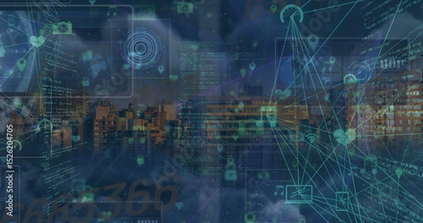 Fototapeta Image of network of connections with icons over data processing