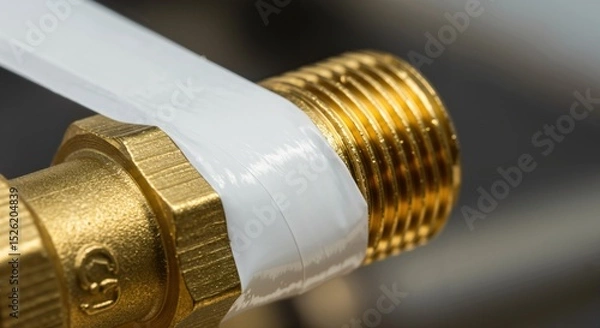Fototapeta Close-up of white PTFE thread seal tape being applied to a brass pipe fitting. Plumbing repair and installation for creating a secure, leak-proof connection.