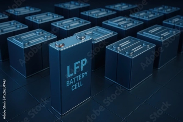 Obraz Dark Blue LFP Battery Cells in a Grid Pattern on Dark Surface