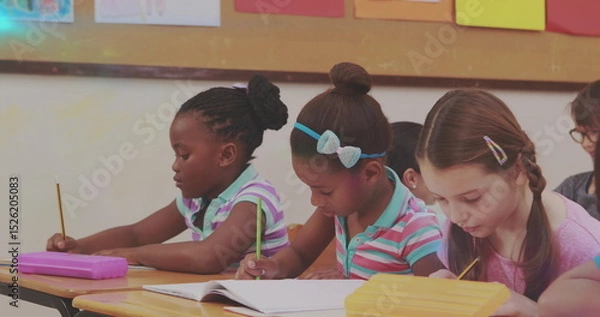 Obraz Image of glowing light over diverse school children in classroom