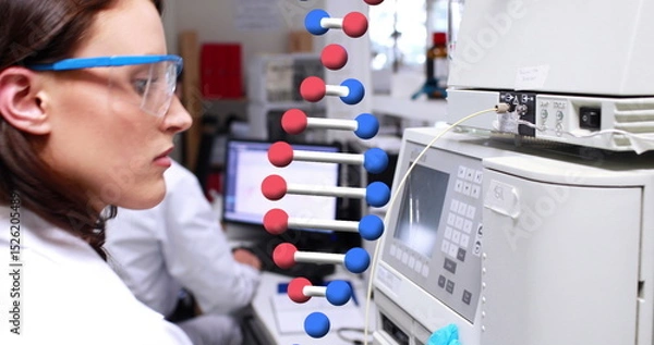 Fototapeta Image of dna strand over diverse doctors in lab