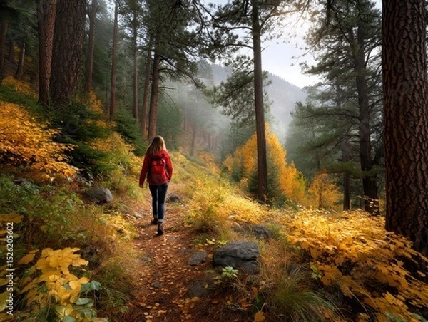 Fototapeta Adventurous hiker exploring vibrant autumn forest trail.