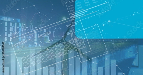 Obraz Image of financial data processing and statistics over wind turbine