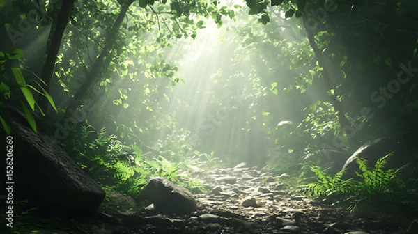 Obraz Lush rainforest with sunlight streaming through the leaves