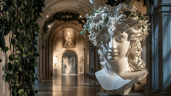 Obraz Marble sculpture of a goddess with intricate details, surrounded by ivy vines in a dimly lit museum hall
