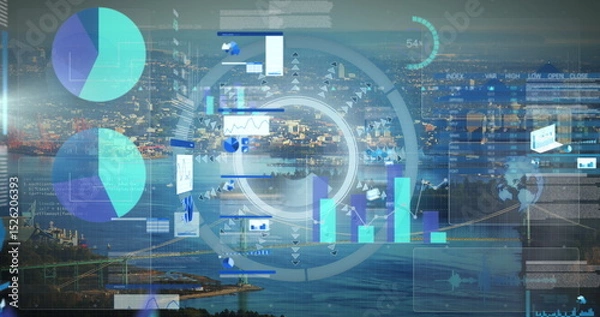 Fototapeta Image of data processing over cityscape